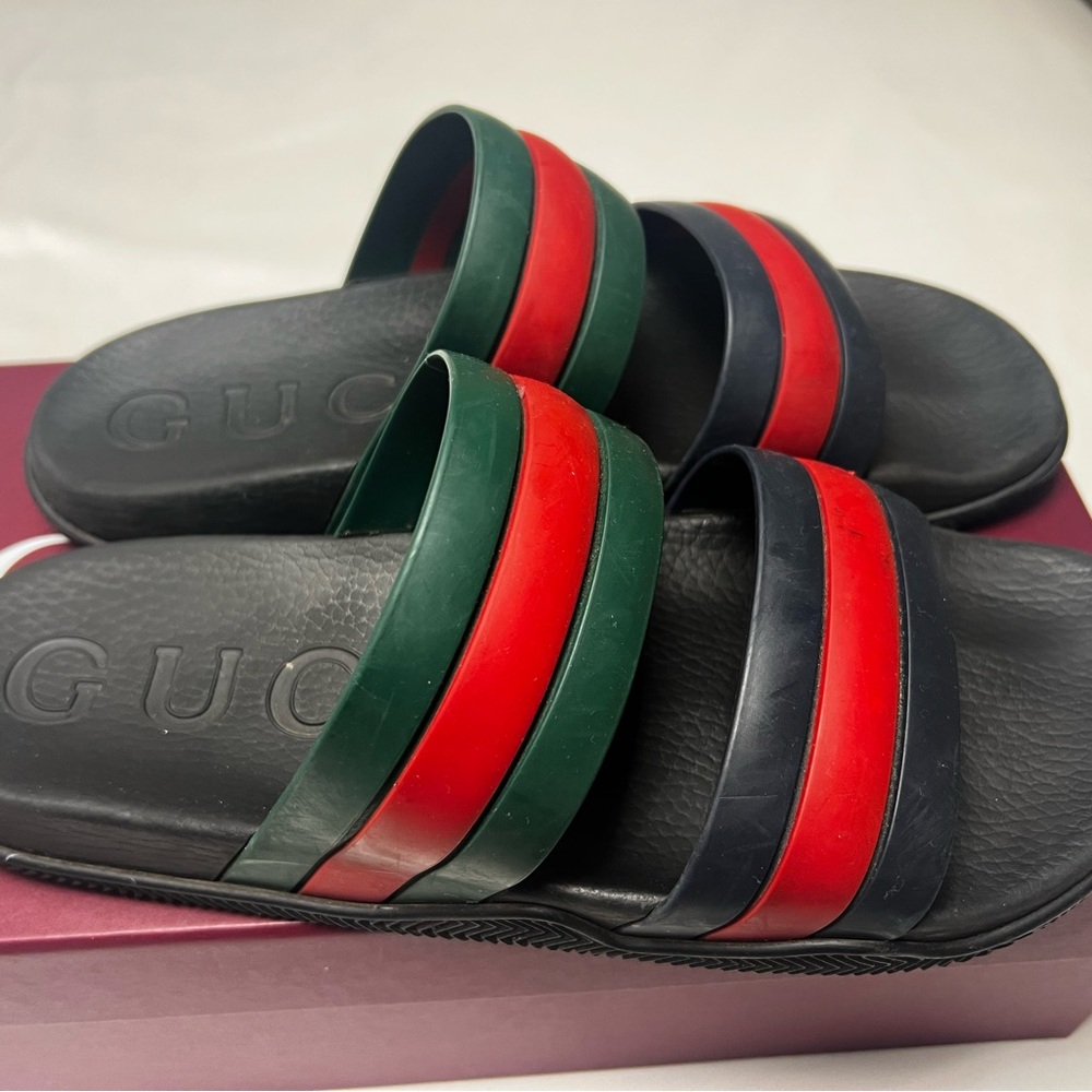 Gucci Black Slides with Red and Green Stripes